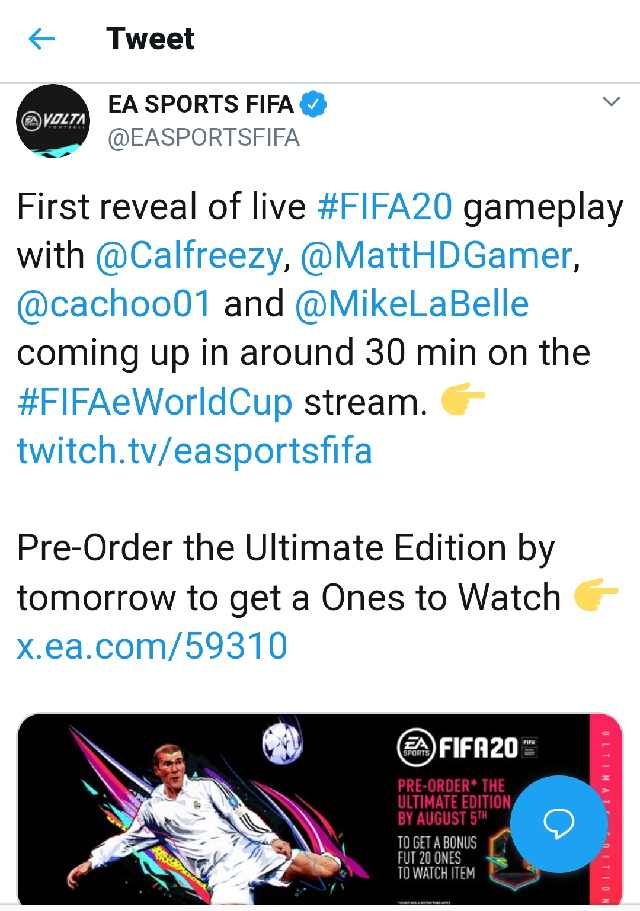 tweet about FIFA 20 Gameplay reveal by EA SPORTS FIFA